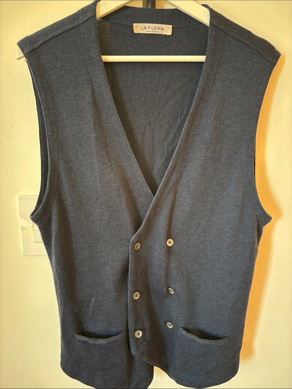 Virgin Wool Men's Dark Blue Button-Front Sweater Vest